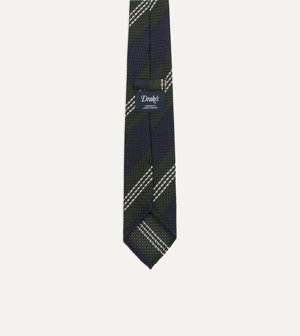 Drake's Navy Green And White Multi Stripe Silk Grenadine Tie