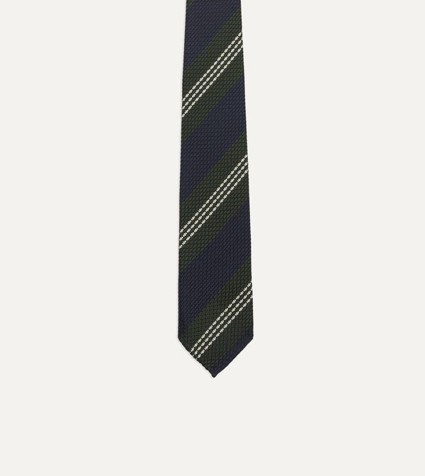 Drake's Navy Green And White Multi Stripe Silk Grenadine Tie