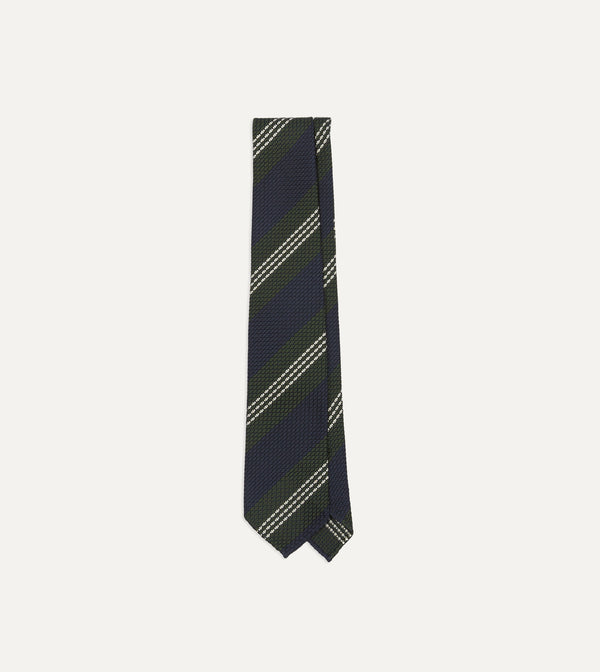 drake's Navy Green and White Multi Stripe Silk Grenadine Tie