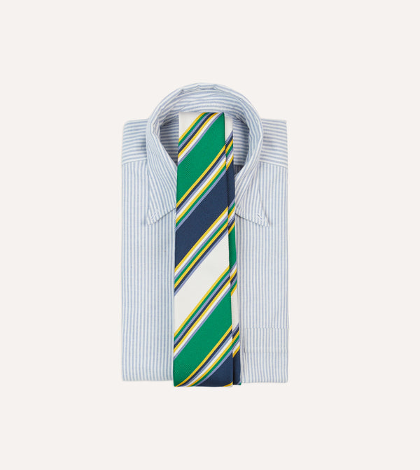Drake's Navy Green And White Stripe Mogador Silk Tipped Tie