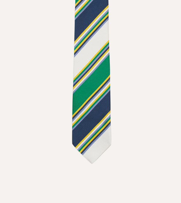 Drake's Navy Green And White Stripe Mogador Silk Tipped Tie