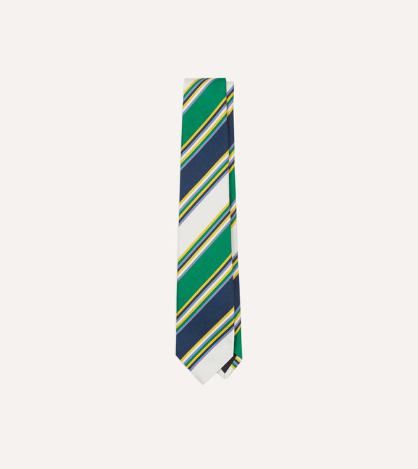 drake's Navy Green and White Stripe Mogador Silk Tipped Tie