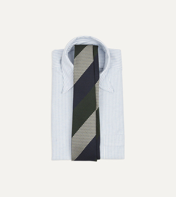 Drake's Navy Green And White Wide Stripe Silk Grenadine Tie