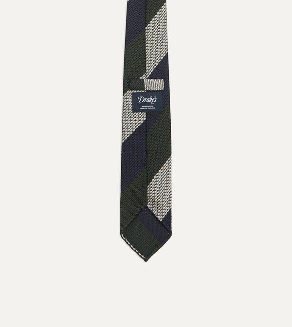 Drake's Navy Green And White Wide Stripe Silk Grenadine Tie