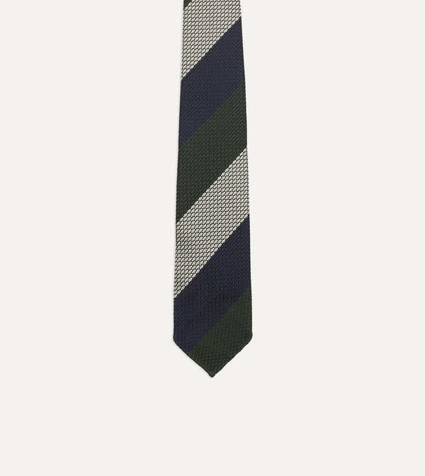 Drake's Navy Green And White Wide Stripe Silk Grenadine Tie