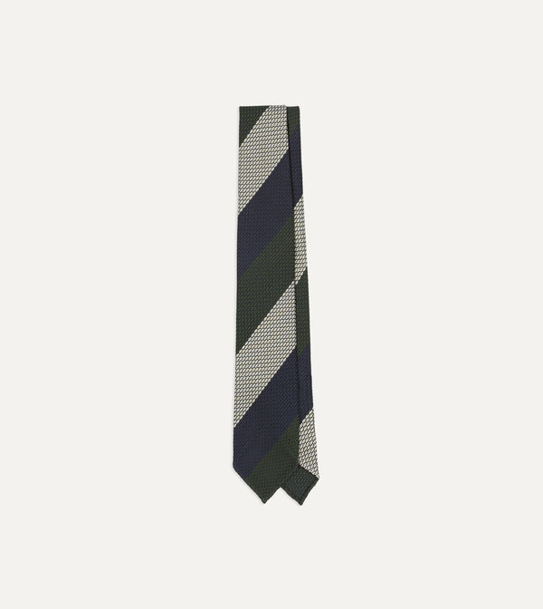 drake's Navy Green and White Wide Stripe Silk Grenadine Tie