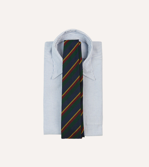 Drake's Navy Green And Yellow Stripe Hand Rolled Silk Grenadine Tie