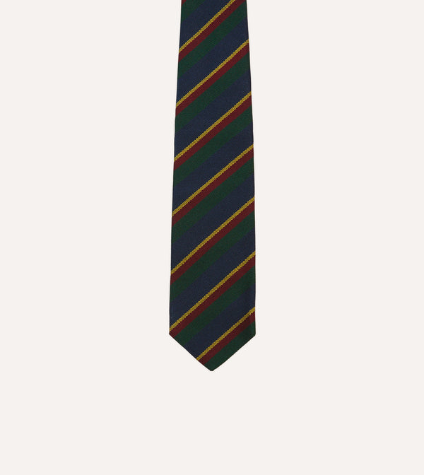 Drake's Navy Green And Yellow Stripe Hand Rolled Silk Grenadine Tie