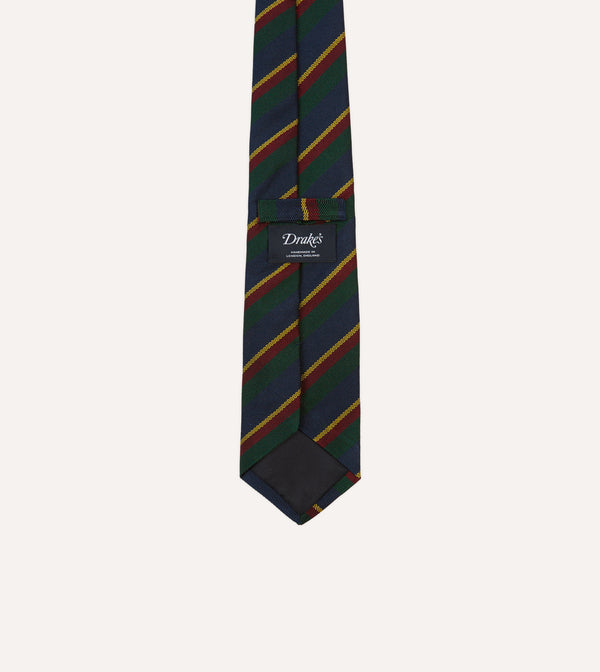 Drake's Navy Green And Yellow Stripe Hand Rolled Silk Grenadine Tie