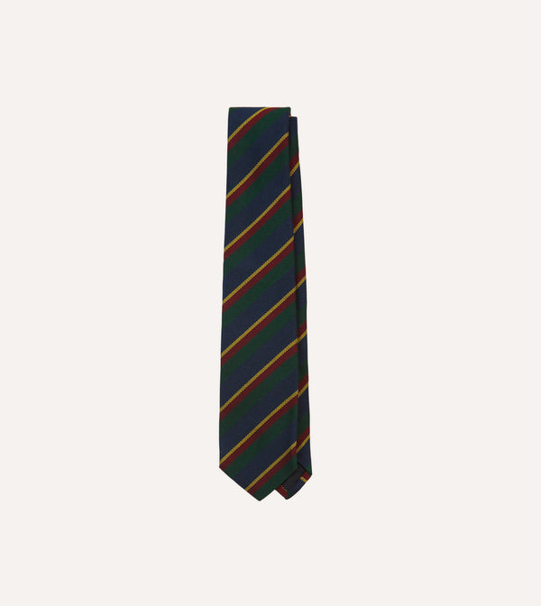 drake's Navy Green and Yellow Stripe Hand Rolled Silk Grenadine Tie