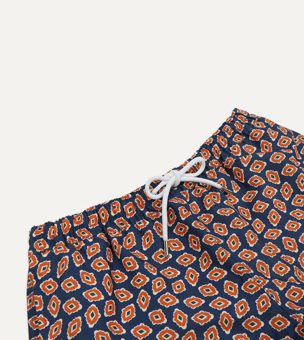 Drake's Navy Jumbled Medallion Print Nylon Swim Shorts