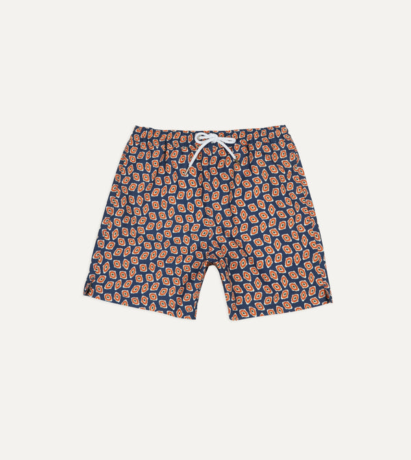 drake's Navy Jumbled Medallion Print Nylon Swim Shorts