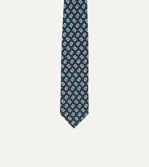 Drake's Navy Jumbled Medallion Print Silk Self Tipped Tie