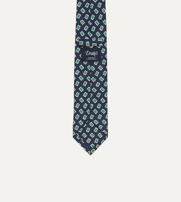 Drake's Navy Jumbled Medallion Print Silk Self Tipped Tie