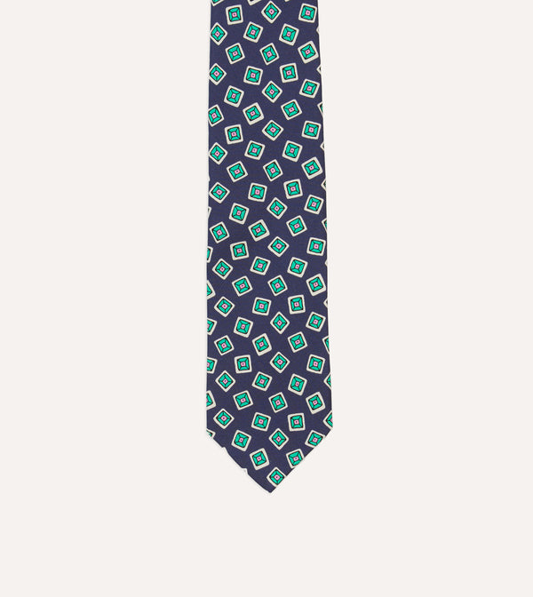 Drake's Navy Jumbled Tile Print Silk Self Tipped Tie
