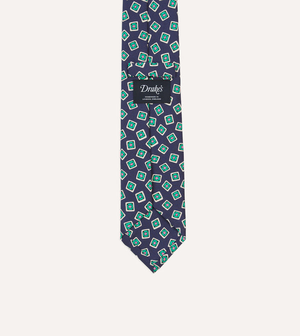 Drake's Navy Jumbled Tile Print Silk Self Tipped Tie