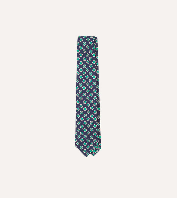 drake's Navy Jumbled Tile Print Silk Self Tipped Tie