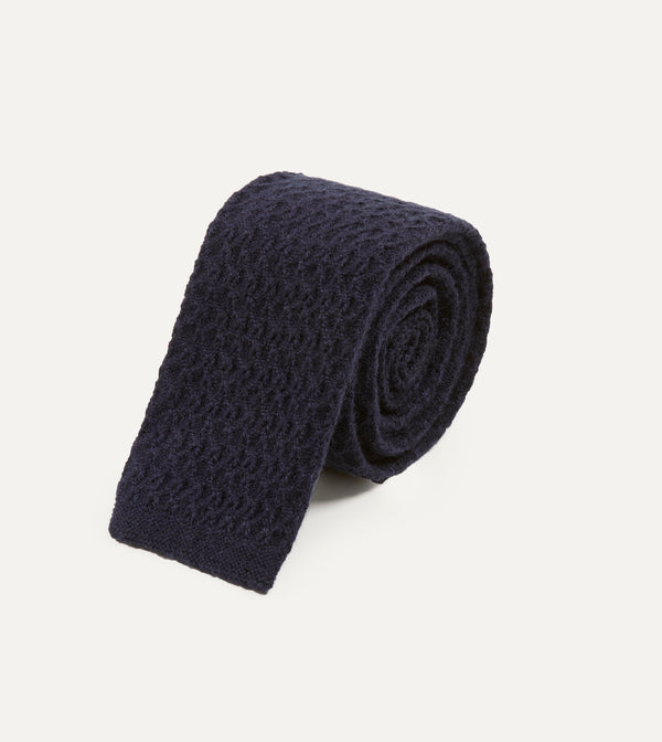 Drake's Navy Knitted Cashmere Wool Solid Colour Tie
