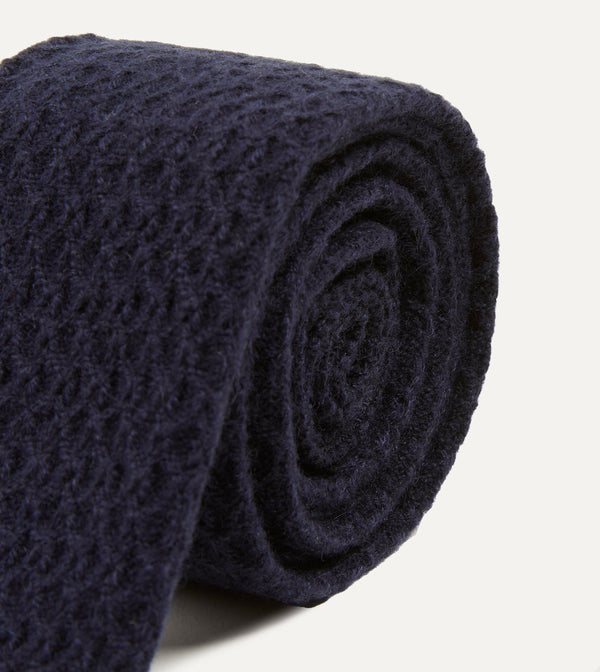 Drake's Navy Knitted Cashmere Wool Solid Colour Tie