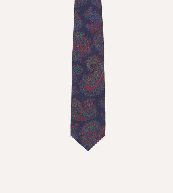 Drake's Navy Large Paisley Print Madder Silk Self-Tipped Tie