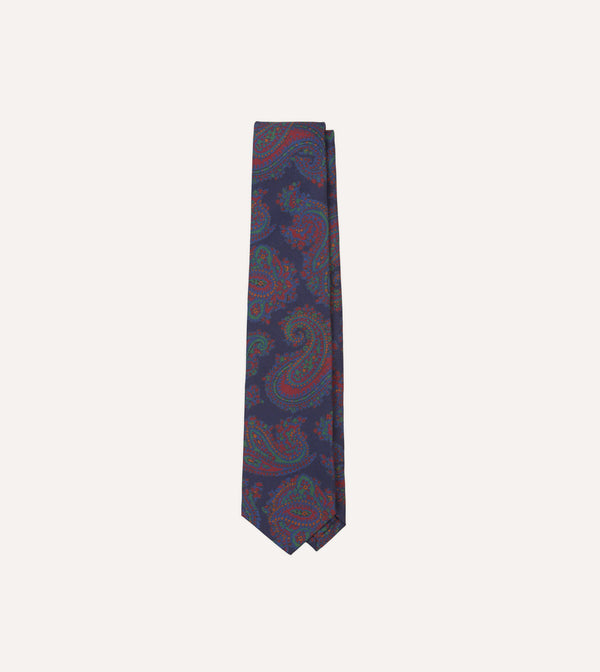 drake's Navy Large Paisley Print Madder Silk Self-Tipped Tie