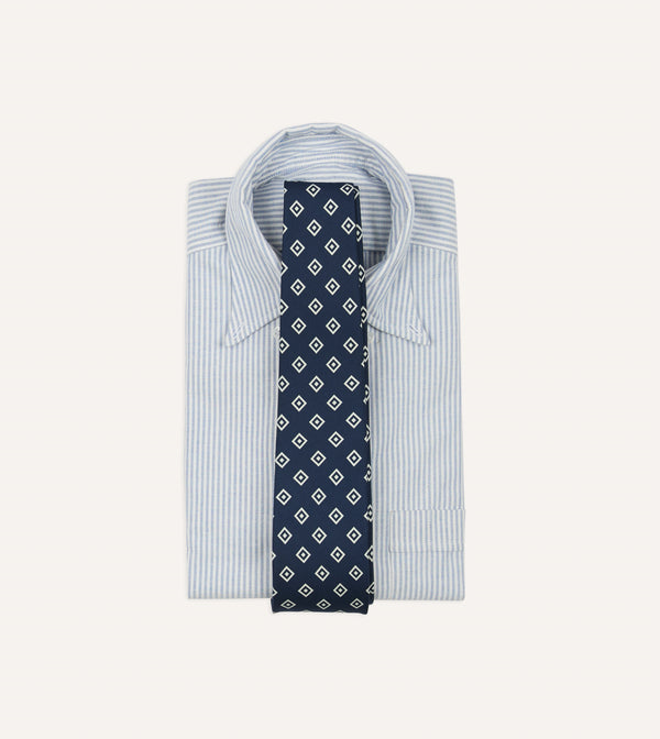 Drake's Navy Medallion Crepe De Chine Silk Self-Tipped Tie