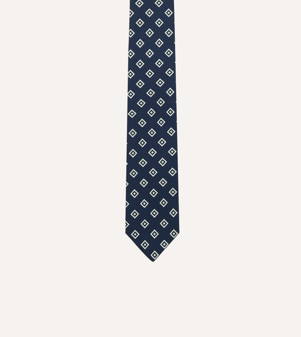 Drake's Navy Medallion Crepe De Chine Silk Self-Tipped Tie