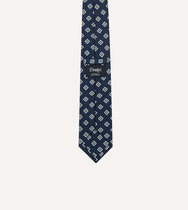 Drake's Navy Medallion Crepe De Chine Silk Self-Tipped Tie