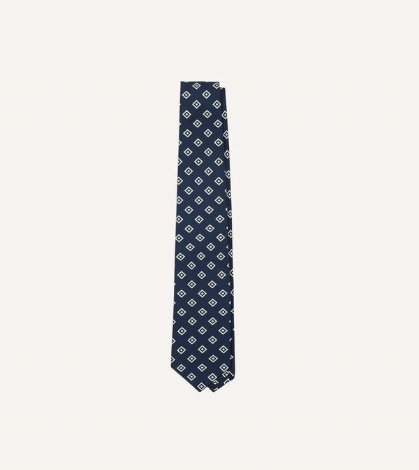 drake's Navy Medallion Crepe de Chine Silk Self-Tipped Tie