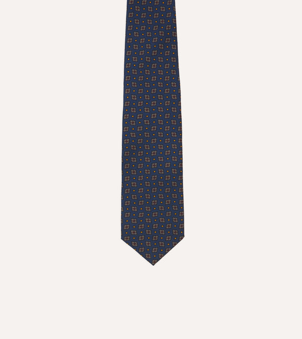 Drake's Navy Medallion Print Silk Twill Self Tipped Tie