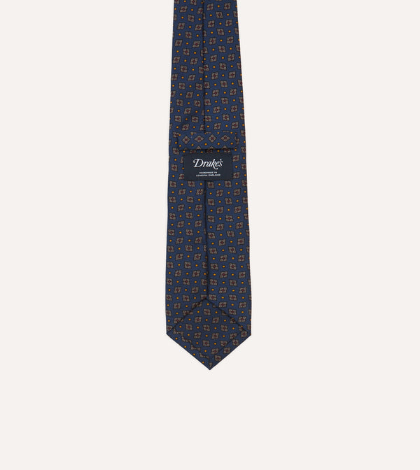 Drake's Navy Medallion Print Silk Twill Self Tipped Tie