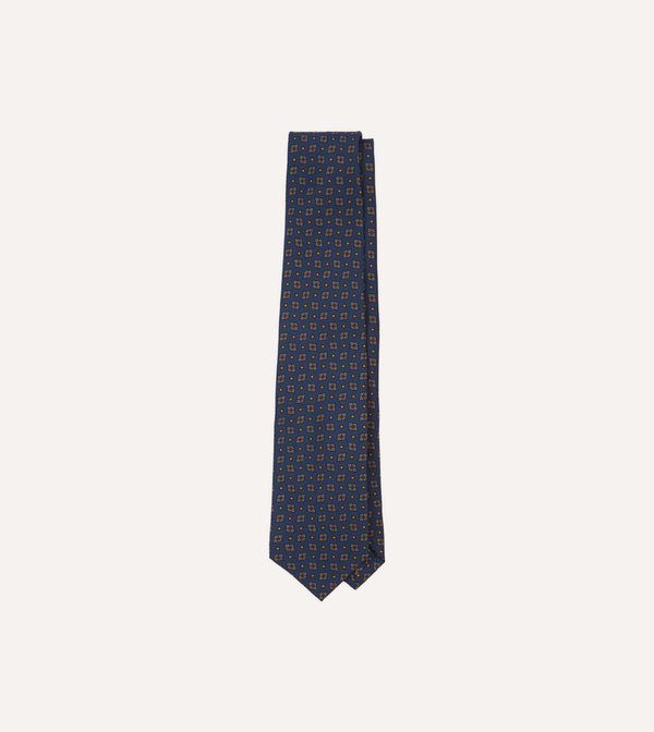 drake's Navy Medallion Print Silk Twill Self Tipped Tie