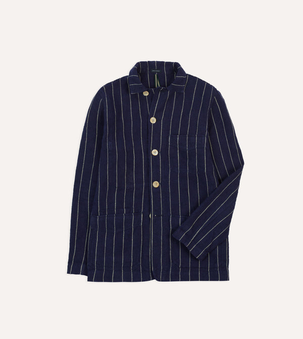 drake's Navy Pinstripe Heavy Linen Five-Pocket Chore Jacket