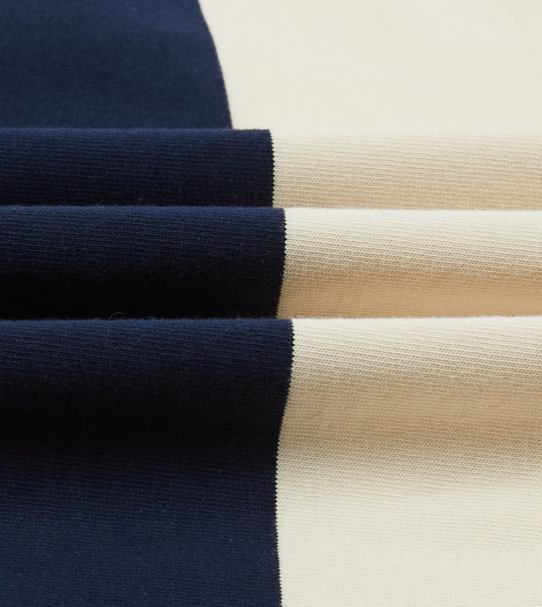 Drake's Navy Red And Ecru Vertical Block Stripe Cotton Rugby Shirt