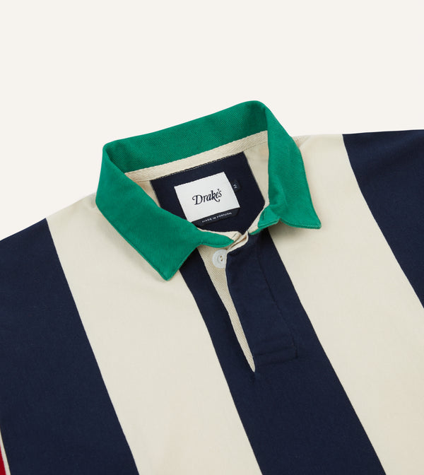 Drake's Navy Red And Ecru Vertical Block Stripe Cotton Rugby Shirt