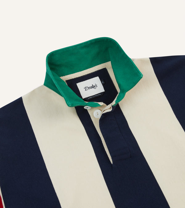 Drake's Navy Red And Ecru Vertical Block Stripe Cotton Rugby Shirt