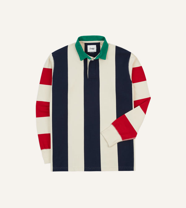 drake's Navy Red and Ecru Vertical Block Stripe Cotton Rugby Shirt