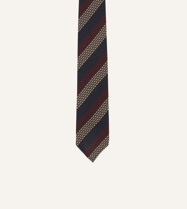 Drake's Navy Red And Gold Block Stripe Hand Rolled Silk Grenadine Tie