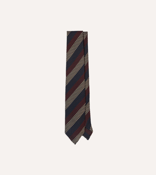 drake's Navy Red and Gold Block Stripe Hand Rolled Silk Grenadine Tie