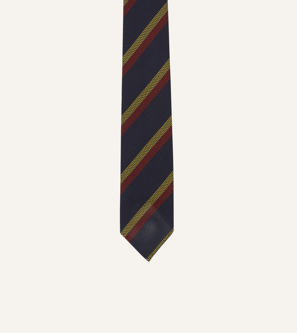Drake's Navy Red And Gold Double Stripe Hand Rolled Silk Grenadine Tie