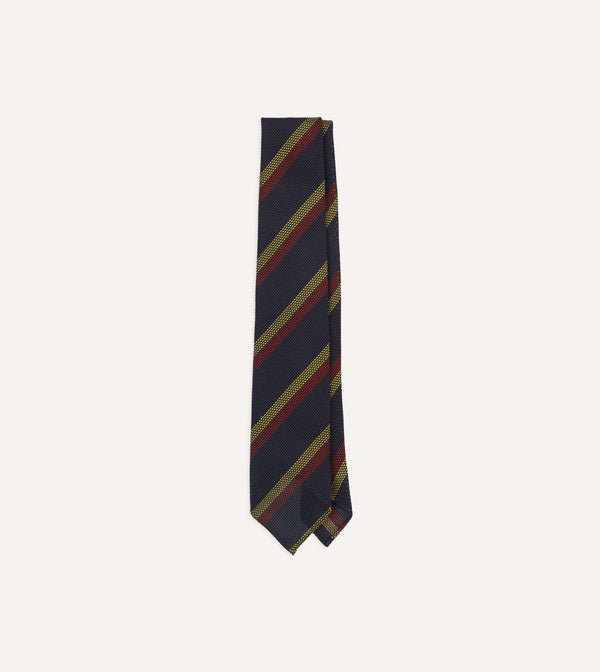 drake's Navy Red and Gold Double Stripe Hand Rolled Silk Grenadine Tie