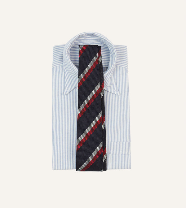 Drake's Navy Red And White Double Stripe Hand Rolled Silk Grenadine Tie