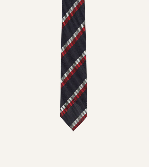 Drake's Navy Red And White Double Stripe Hand Rolled Silk Grenadine Tie