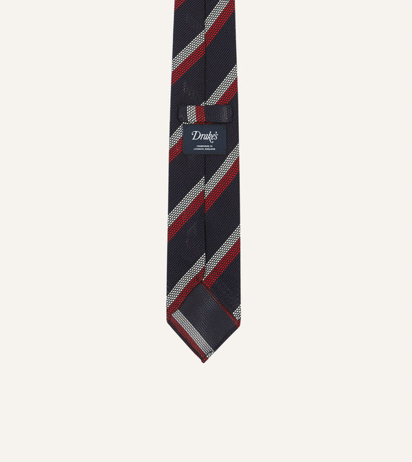 Drake's Navy Red And White Double Stripe Hand Rolled Silk Grenadine Tie