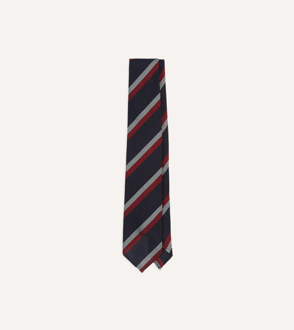 drake's Navy Red and White Double Stripe Hand Rolled Silk Grenadine Tie