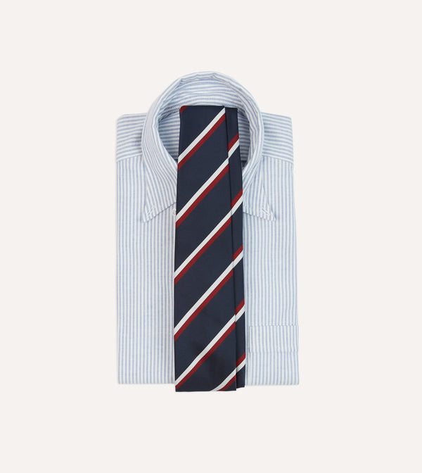 Drake's Navy Red And White Double Stripe Mogador Silk Tipped Tie