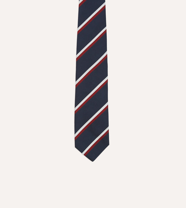 Drake's Navy Red And White Double Stripe Mogador Silk Tipped Tie