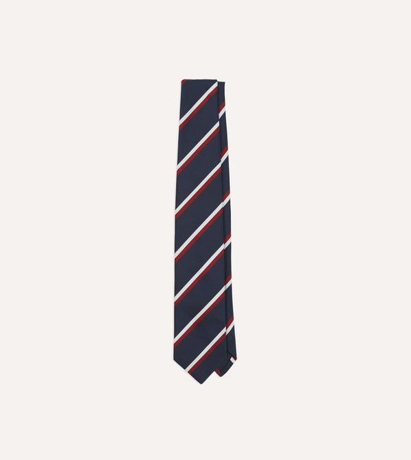 drake's Navy Red and White Double Stripe Mogador Silk Tipped Tie
