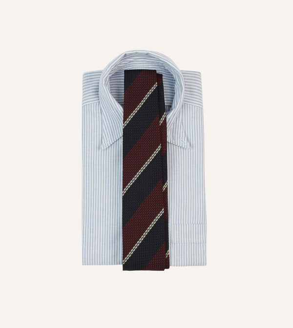 Drake's Navy Red And White Multi Stripe Hand Rolled Silk Grenadine Tie