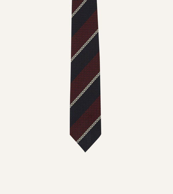 Drake's Navy Red And White Multi Stripe Hand Rolled Silk Grenadine Tie